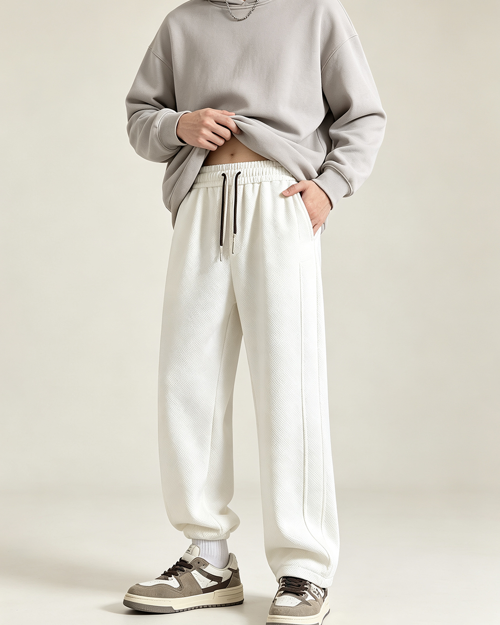 White Textured Drawstring Heavyweight Men Joggers