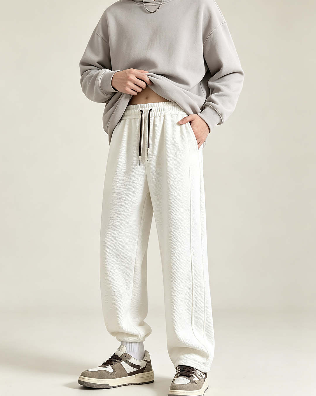 White Textured Drawstring Heavyweight Men Joggers