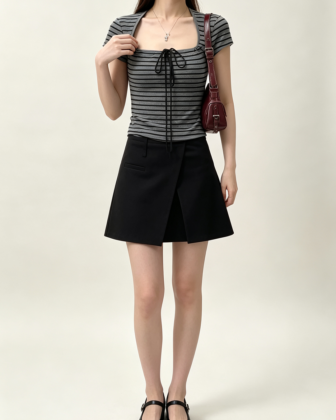 Women Square Neck Striped Drawstring Slim Tee